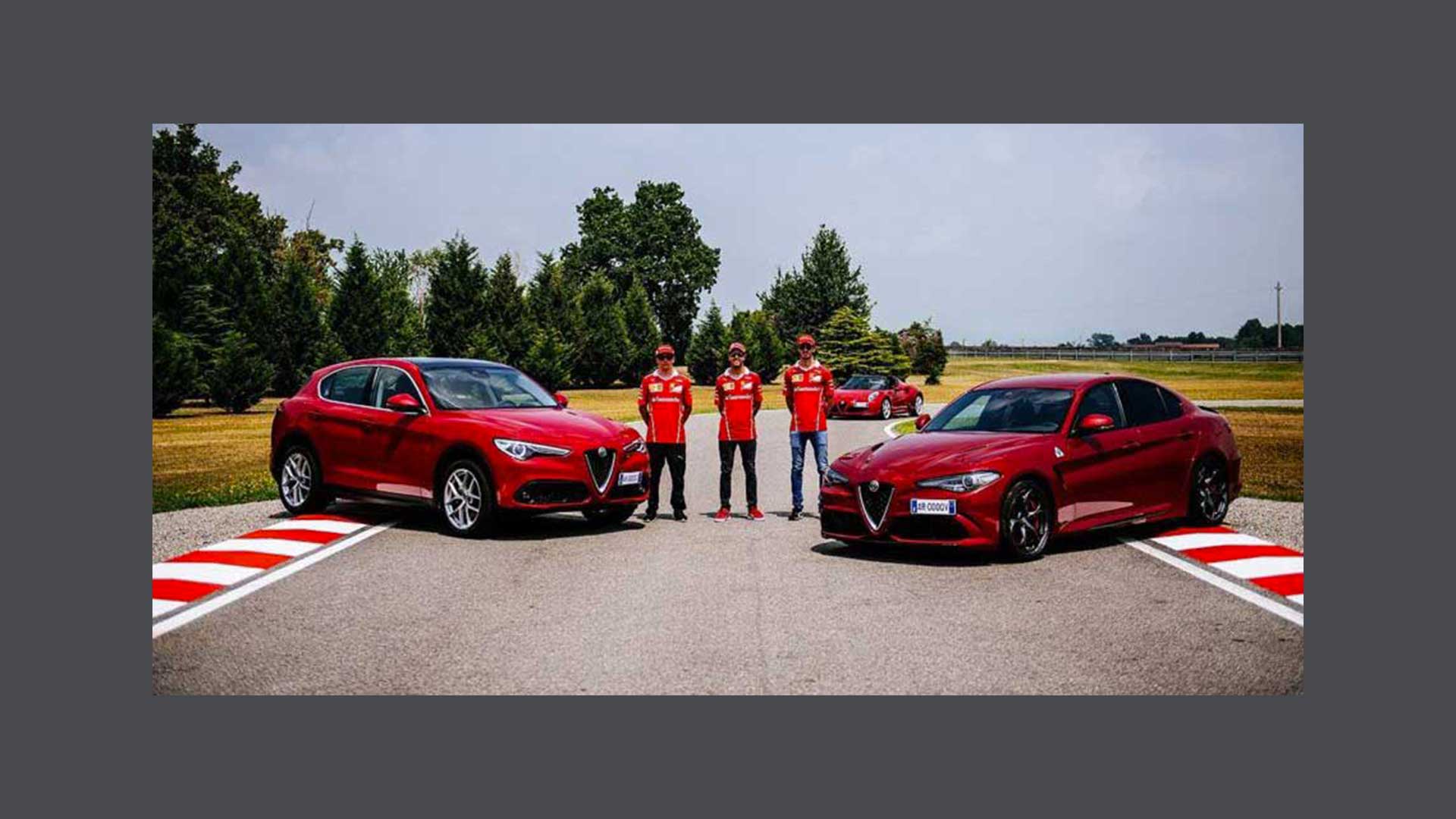 Photo of two Alfa Romeo cars with drivers Kimi Räikkönen, Sebastian Vettel and Antonio Giovinazzi