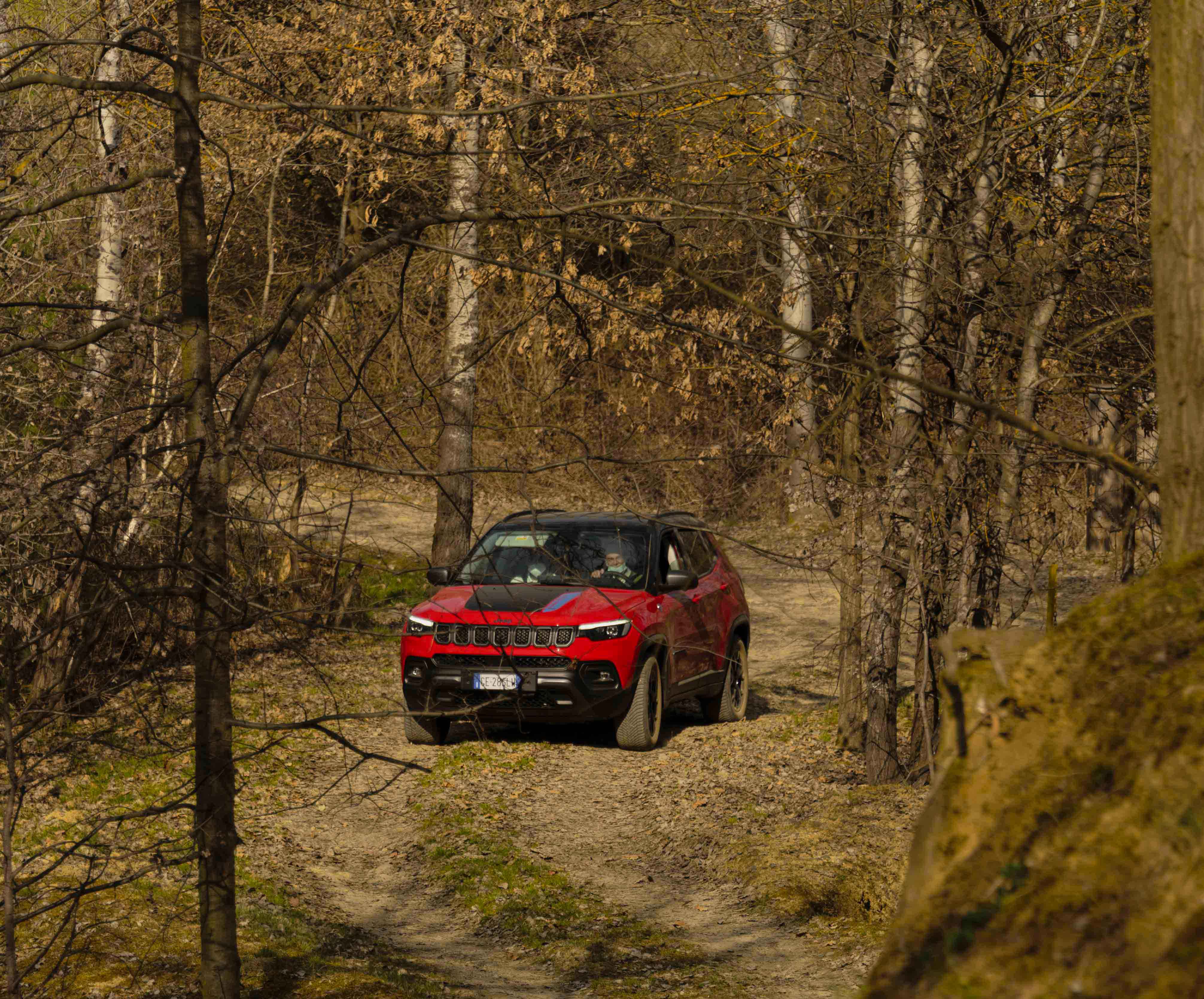 Photo of a red Jeep on the dirt road